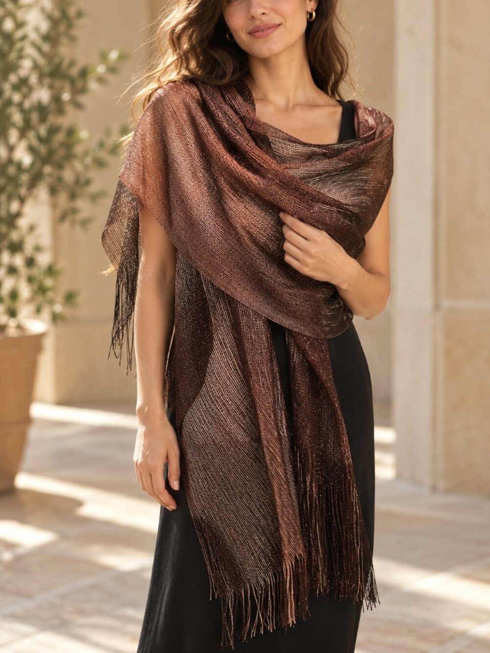 Dark Brown Shimmer and Shine Shawl Scarf Tassels NWT